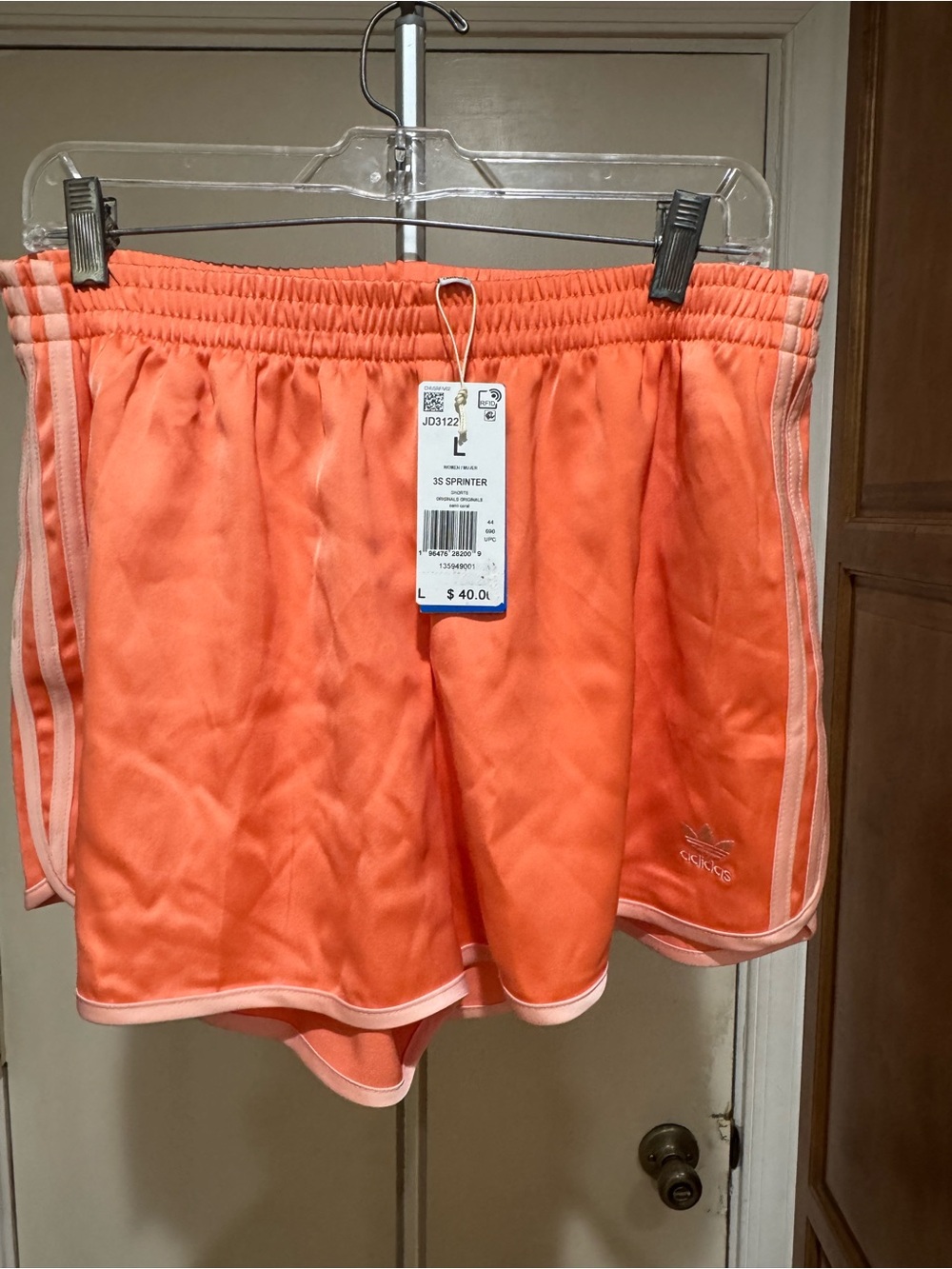 Adidas Women’s 3S Sprinter Coral Orange Athletic Shorts with Light Trim Large